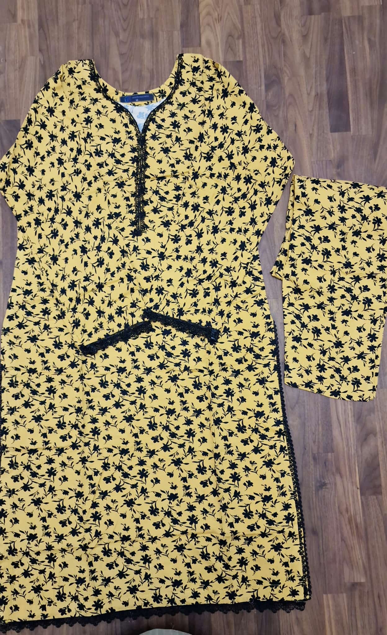 Linen 2 Piece Suit- Yellow with black floral print