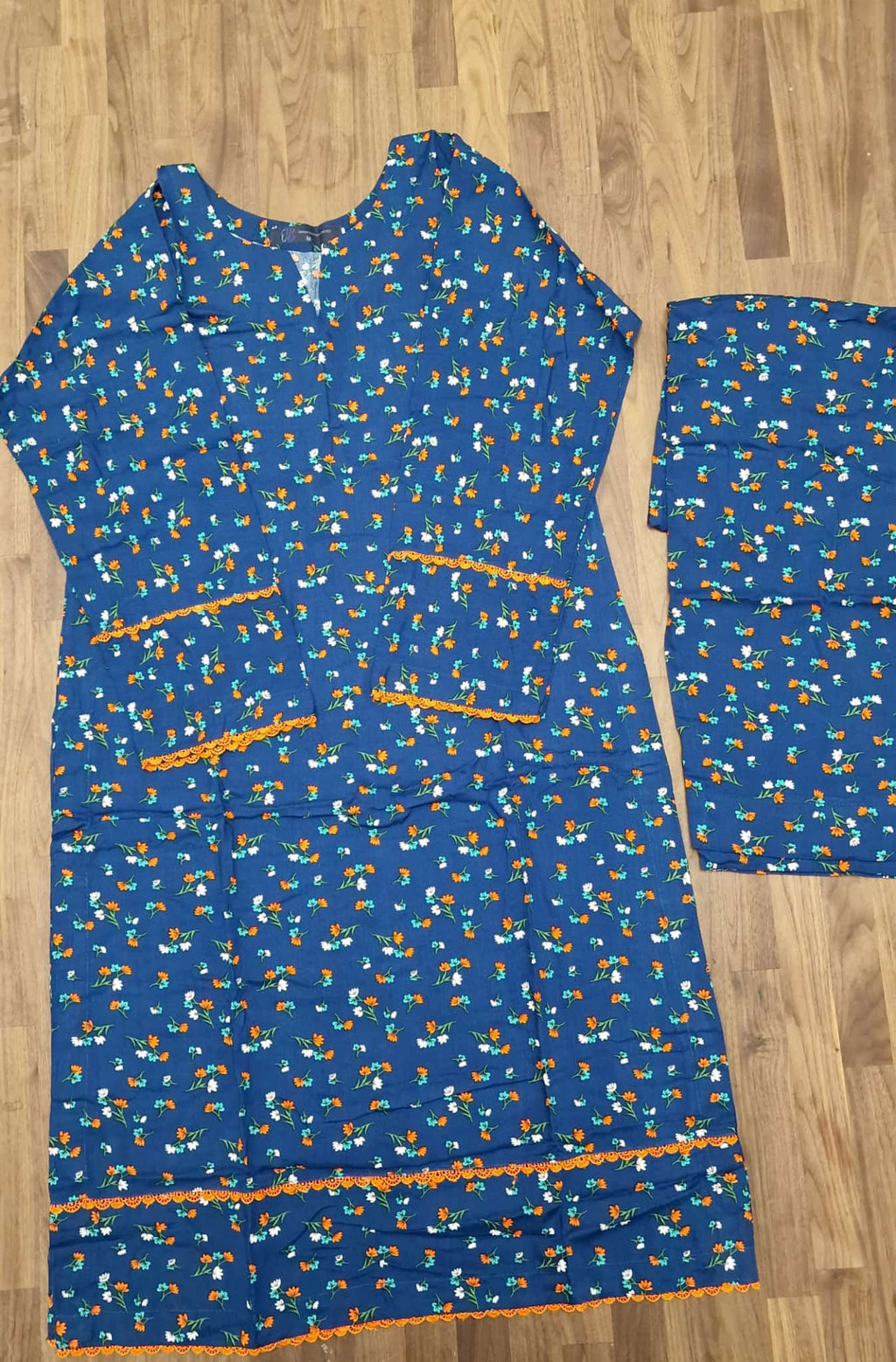 Linen 2 Piece Suit- Blue with Orange floral print