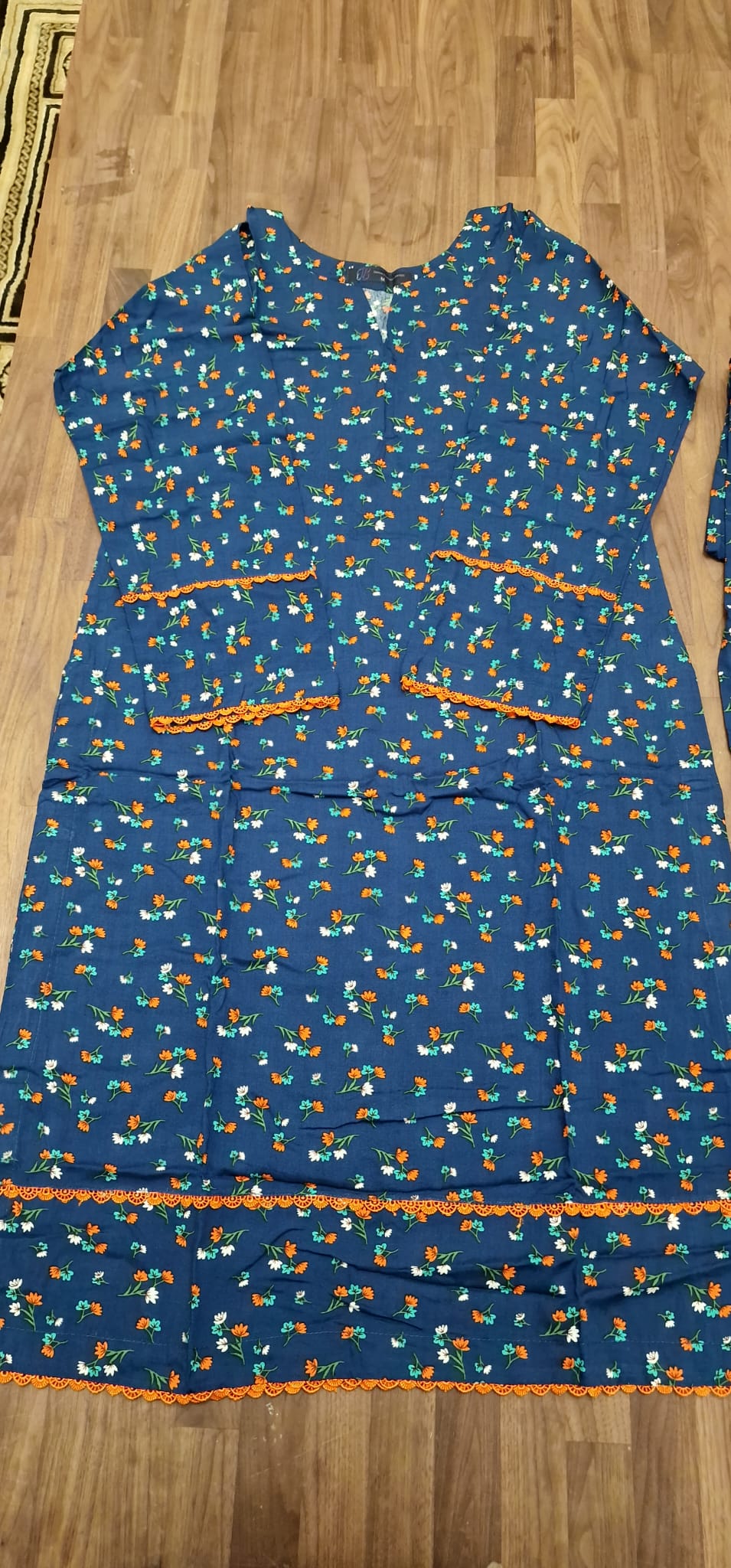 Linen 2 Piece Suit- Blue with Orange floral print