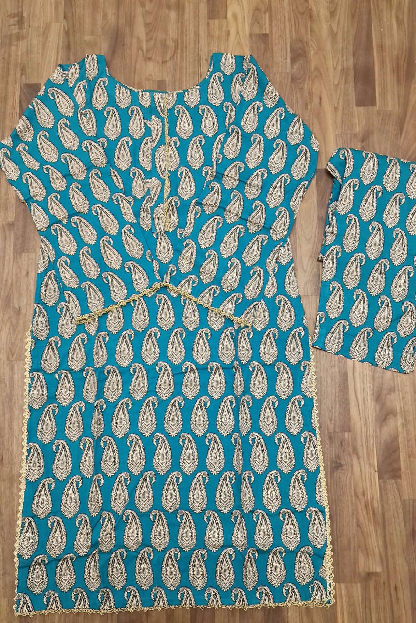 Linen 2 Piece Suit- Teal Blue with Cream Paisley Design