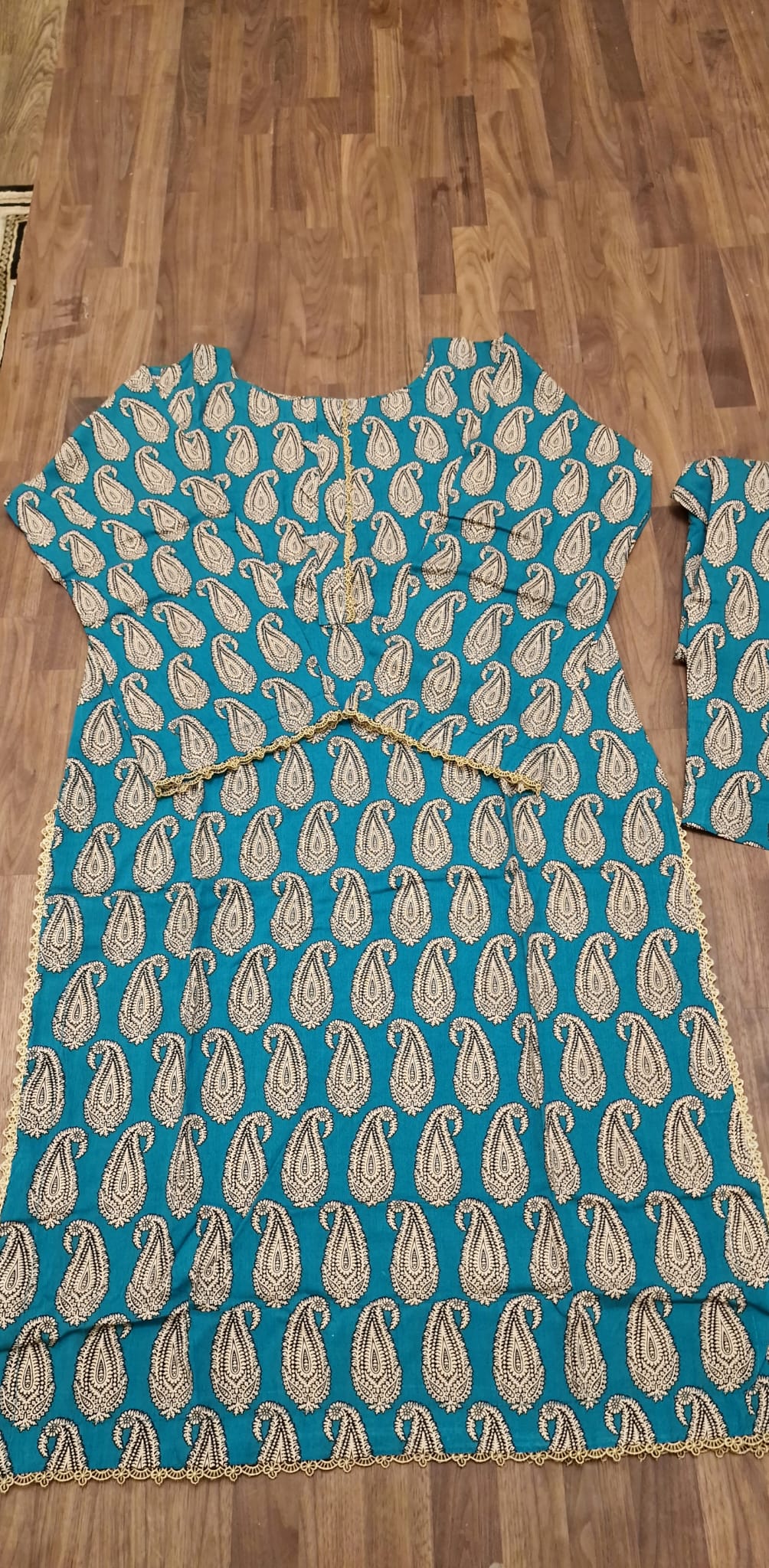 Linen 2 Piece Suit- Teal Blue with Cream Paisley Design