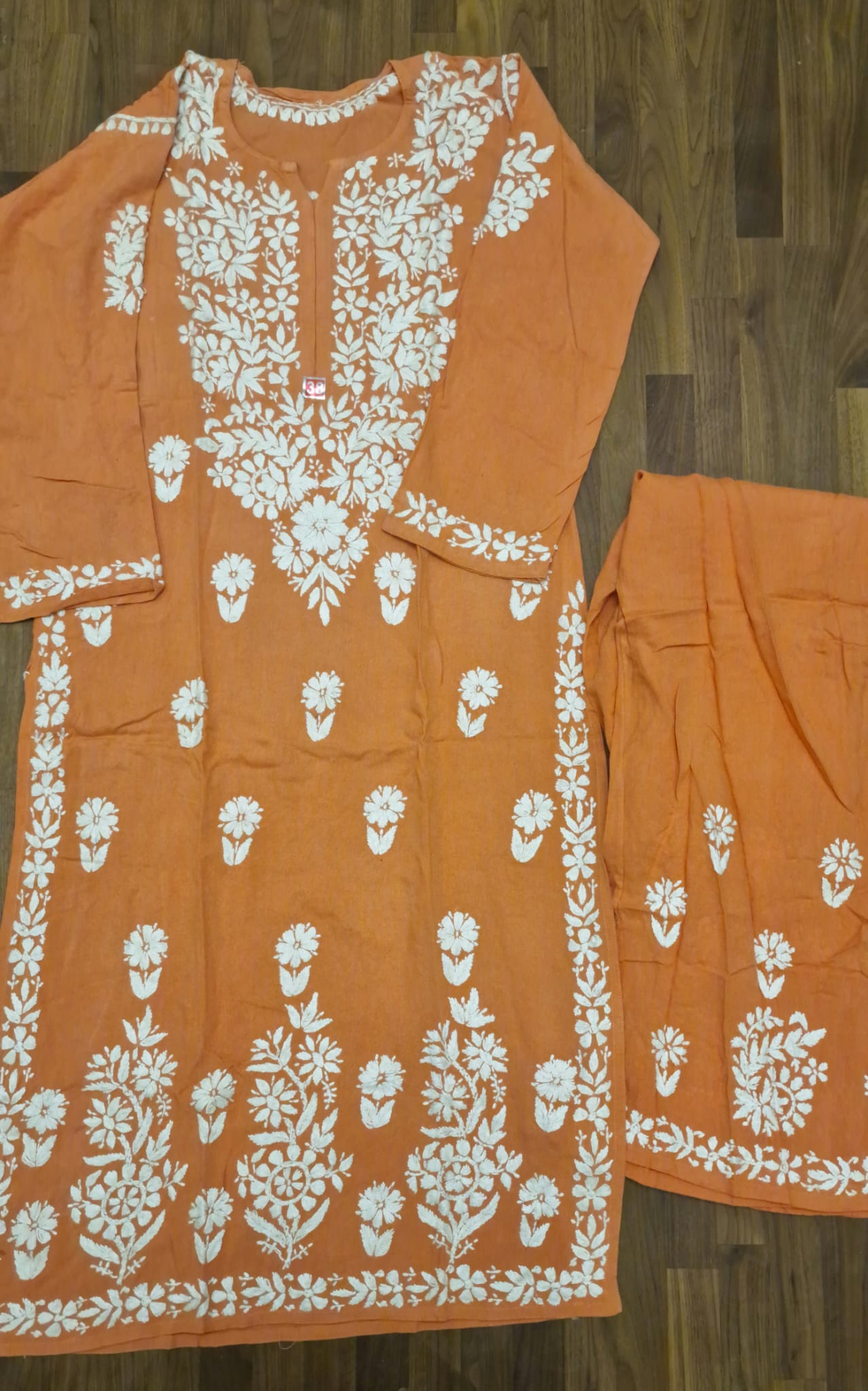 Lucknowi 2 Piece Suit- Peach with White Embroidery