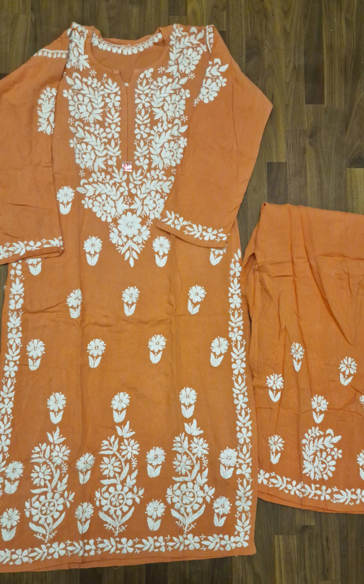 Lucknowi 2 Piece Suit- Peach with White Embroidery