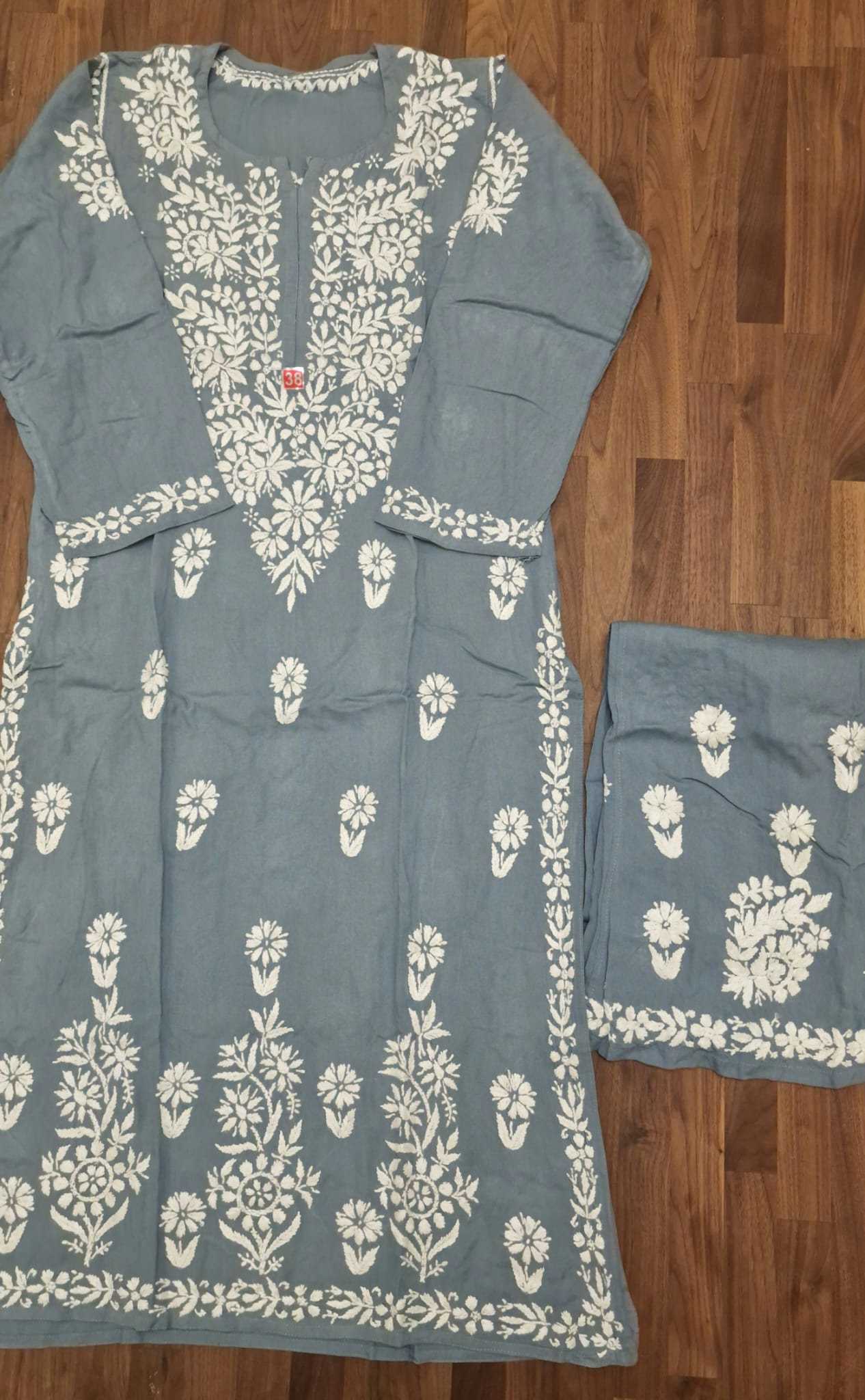 Lucknowi 2 Pieice suit- Light Grey/Blue with White Embroidery