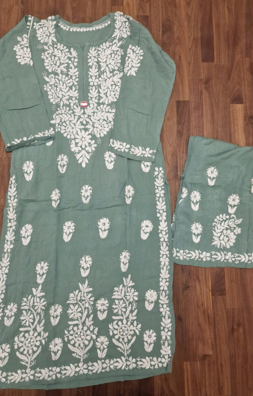 Lucknowi 2 Piece Suit - Sage Green with White Embroidery