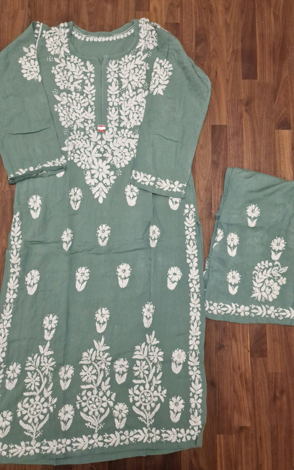Lucknowi 2 Piece Suit - Sage Green with White Embroidery