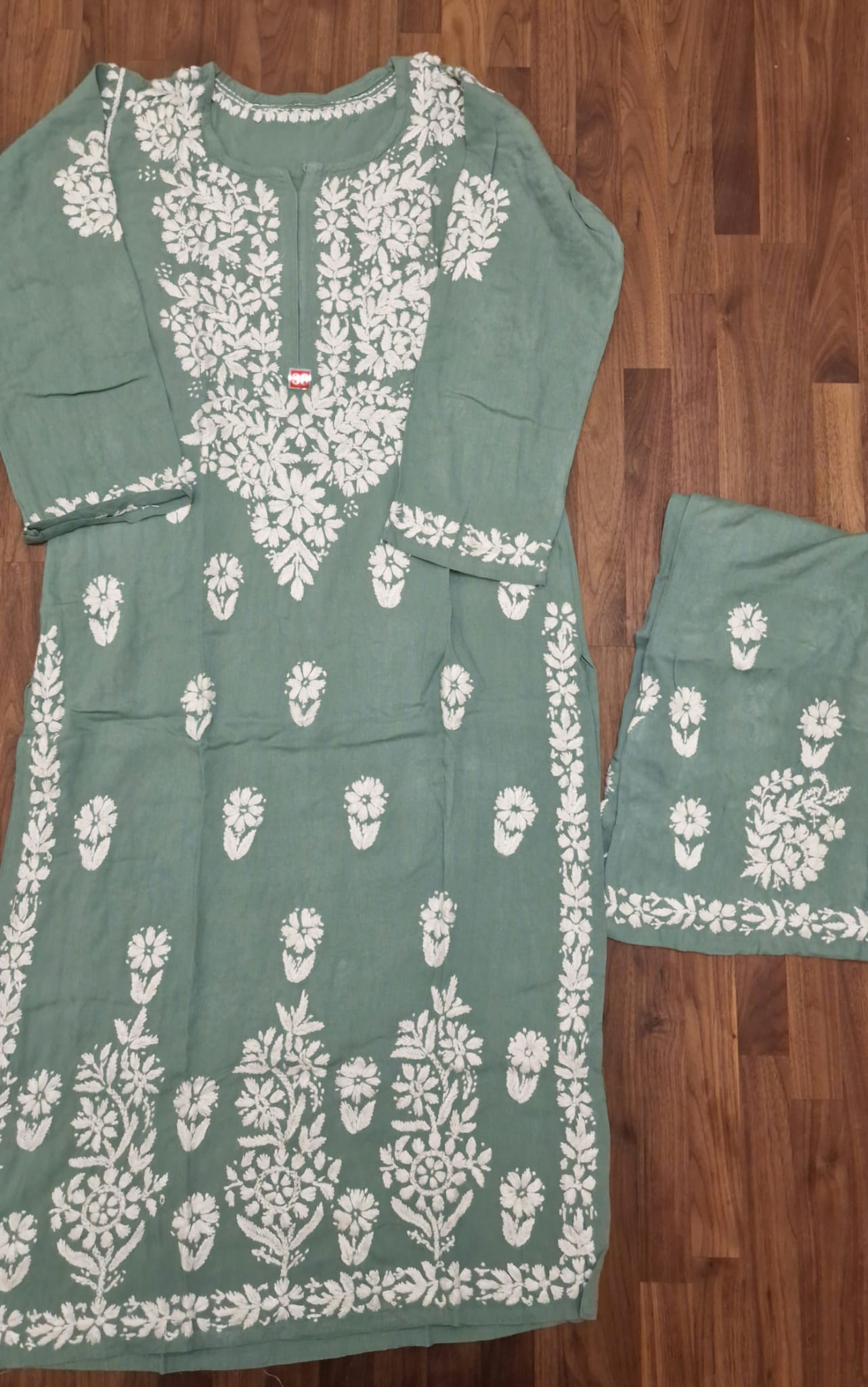Lucknowi 2 Piece Suit - Sage Green with White Embroidery