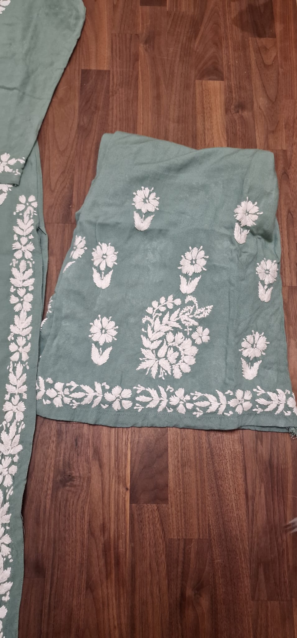 Lucknowi 2 Piece Suit - Sage Green with White Embroidery
