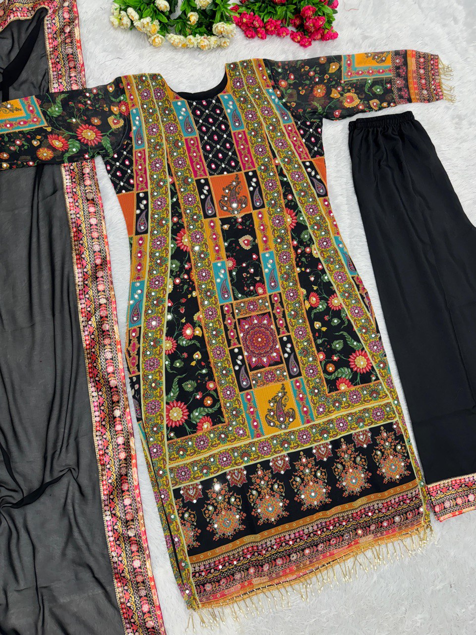 3 Piece Georgette Digital Print with Mirror Work