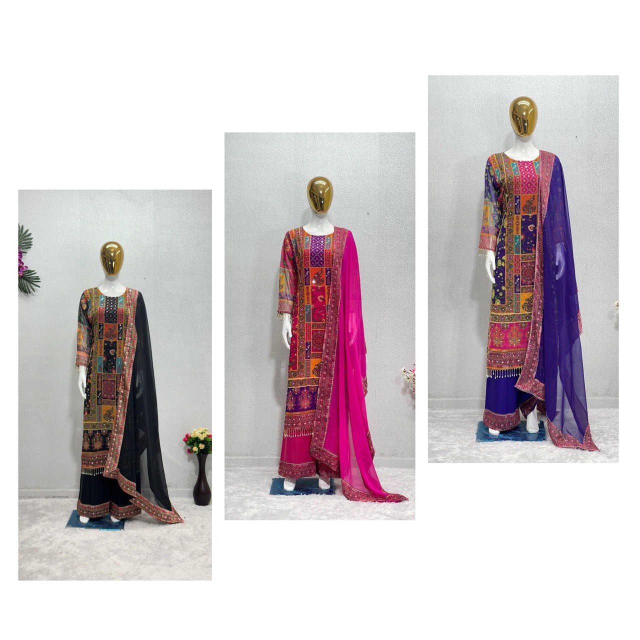 3 Piece Georgette Digital Print with Mirror Work