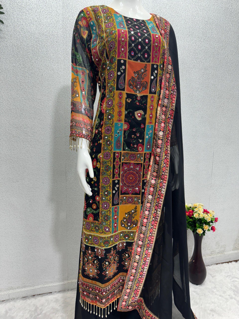3 Piece Georgette Digital Print with Mirror Work