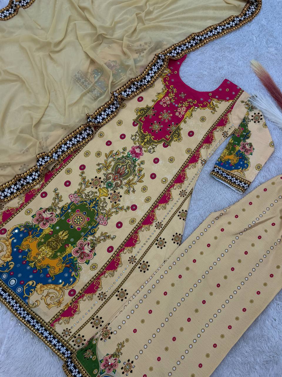 Digital Printed A- Line Kurta with Plazzo & Dupatta- Cream/Multi