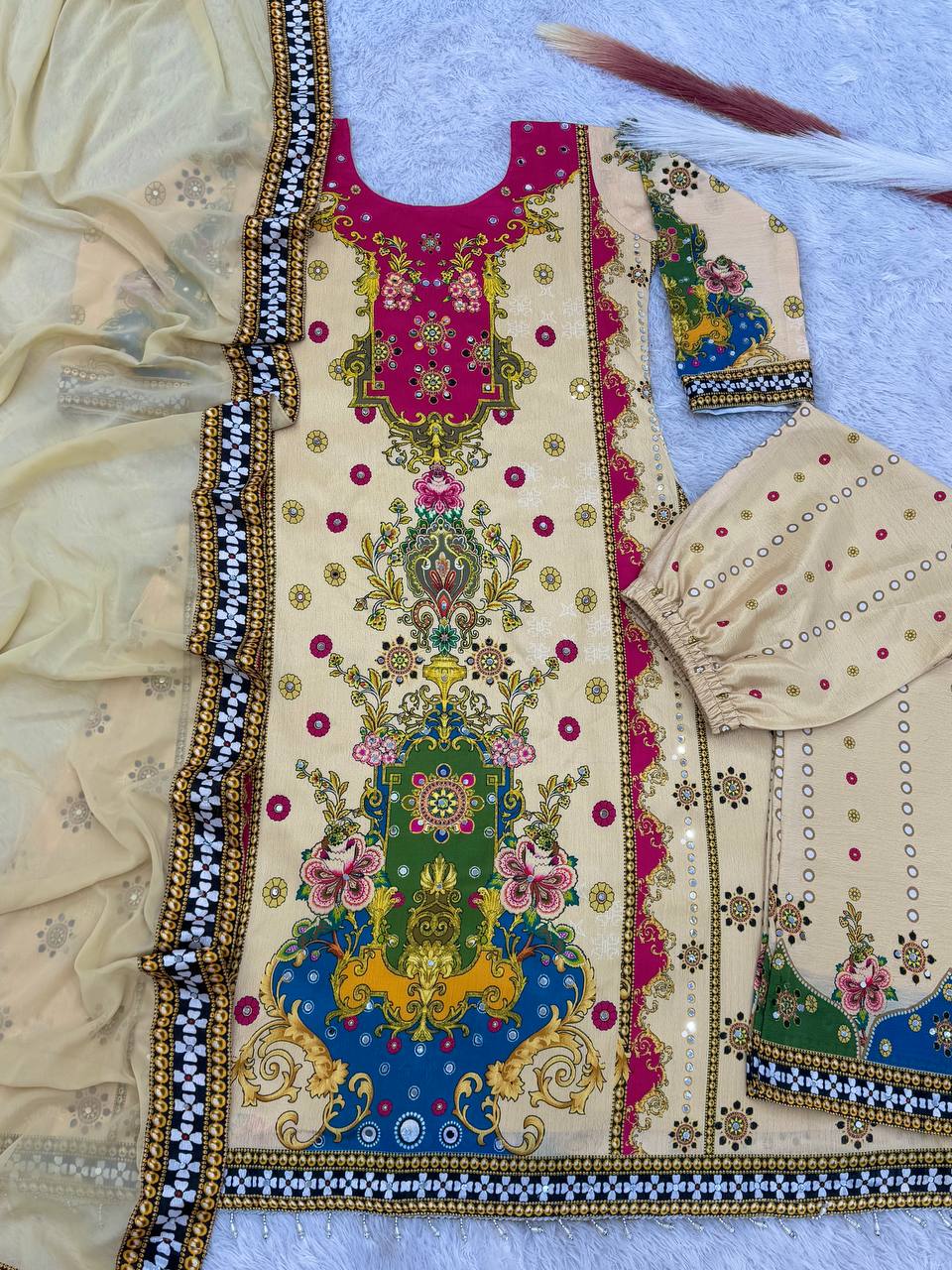 Digital Printed A- Line Kurta with Plazzo & Dupatta- Cream/Multi