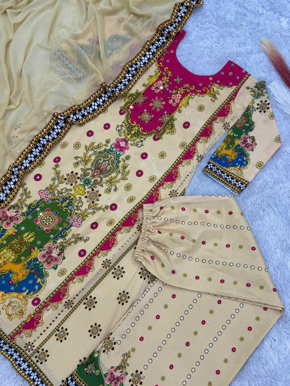 Digital Printed A- Line Kurta with Plazzo & Dupatta- Cream/Multi