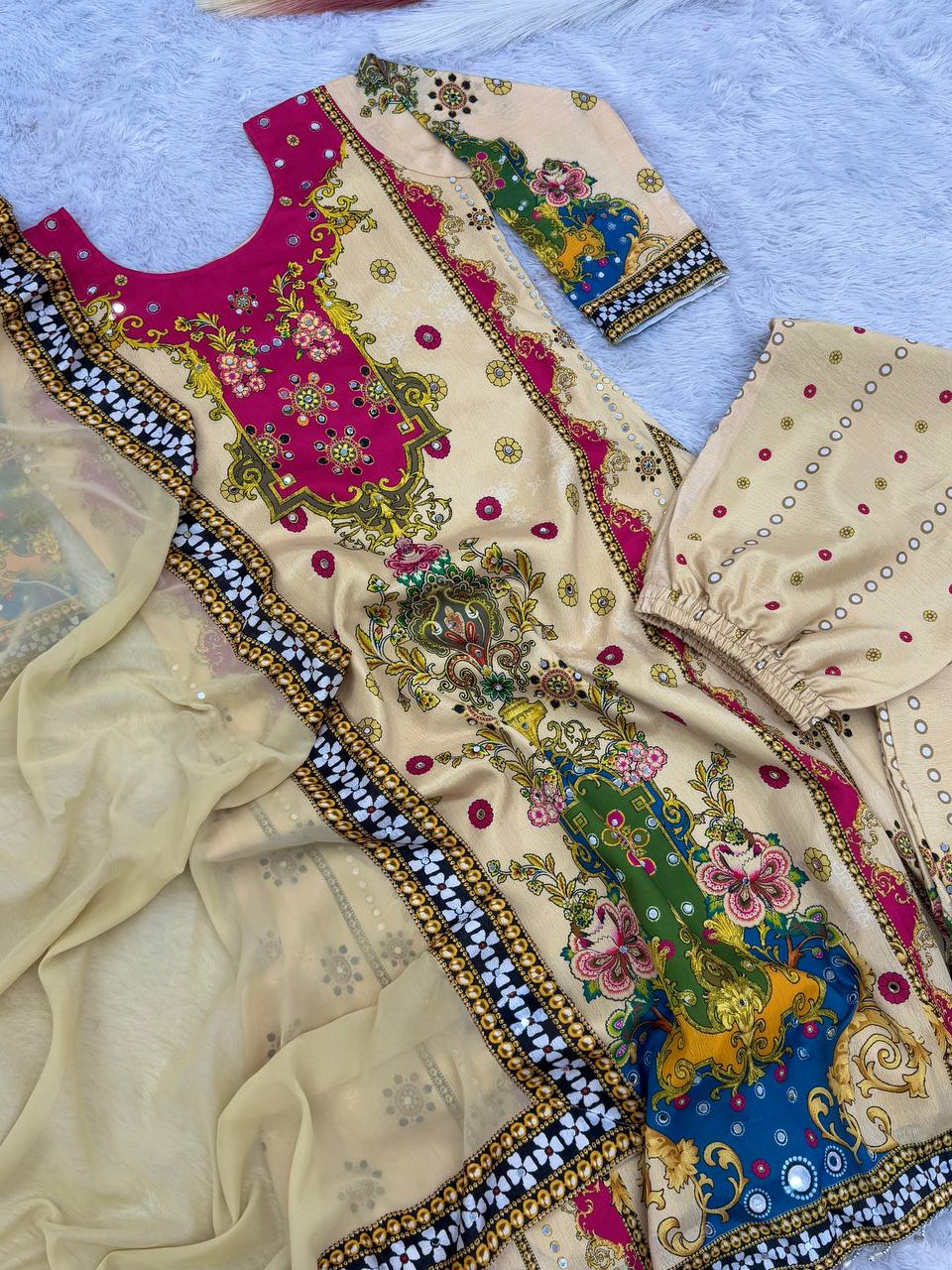 Digital Printed A- Line Kurta with Plazzo & Dupatta- Cream/Multi