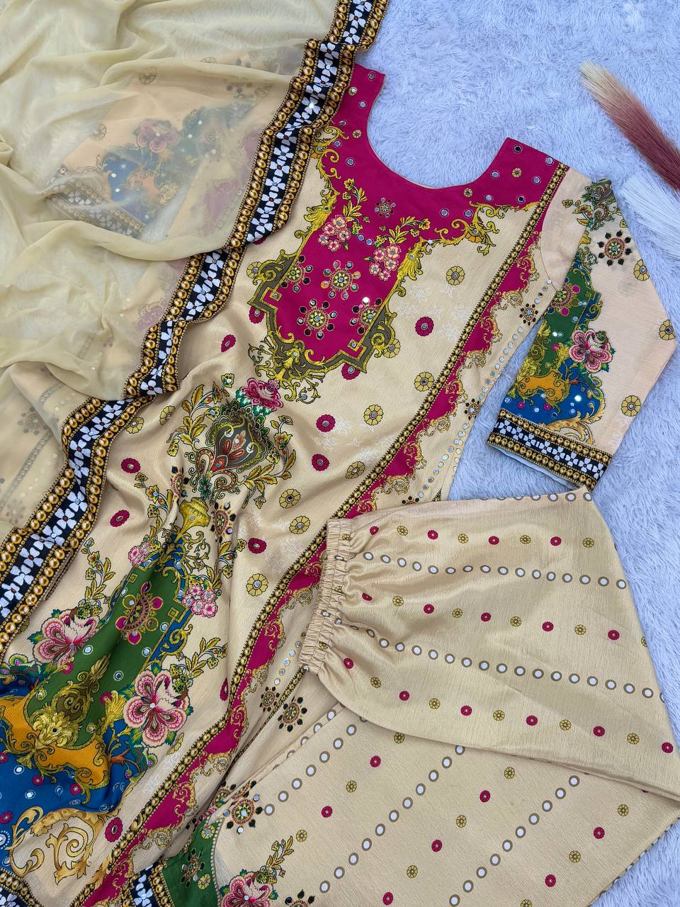 Digital Printed A- Line Kurta with Plazzo & Dupatta- Cream/Multi