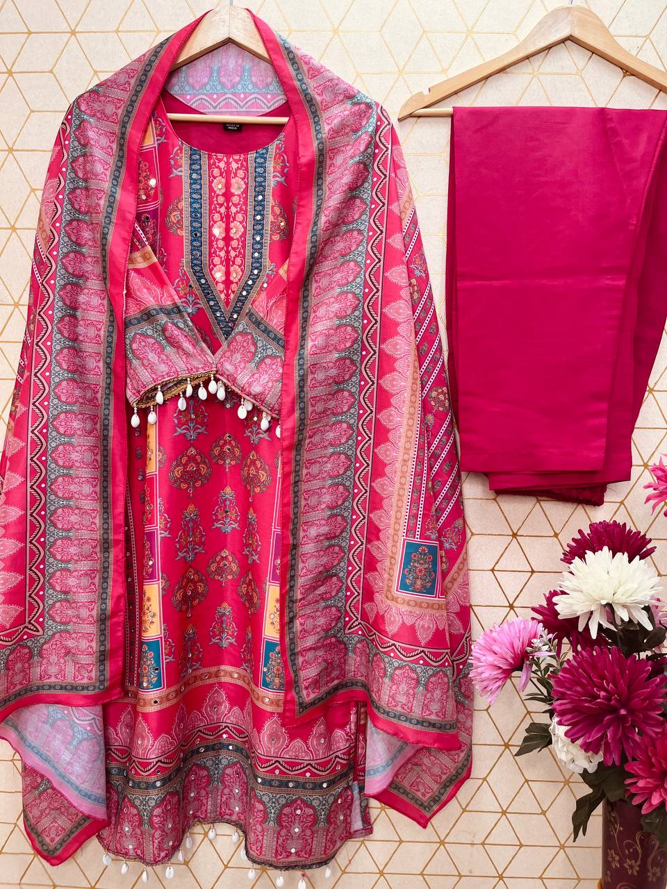 3 peice Mirror Work Suit - Redish Pink
