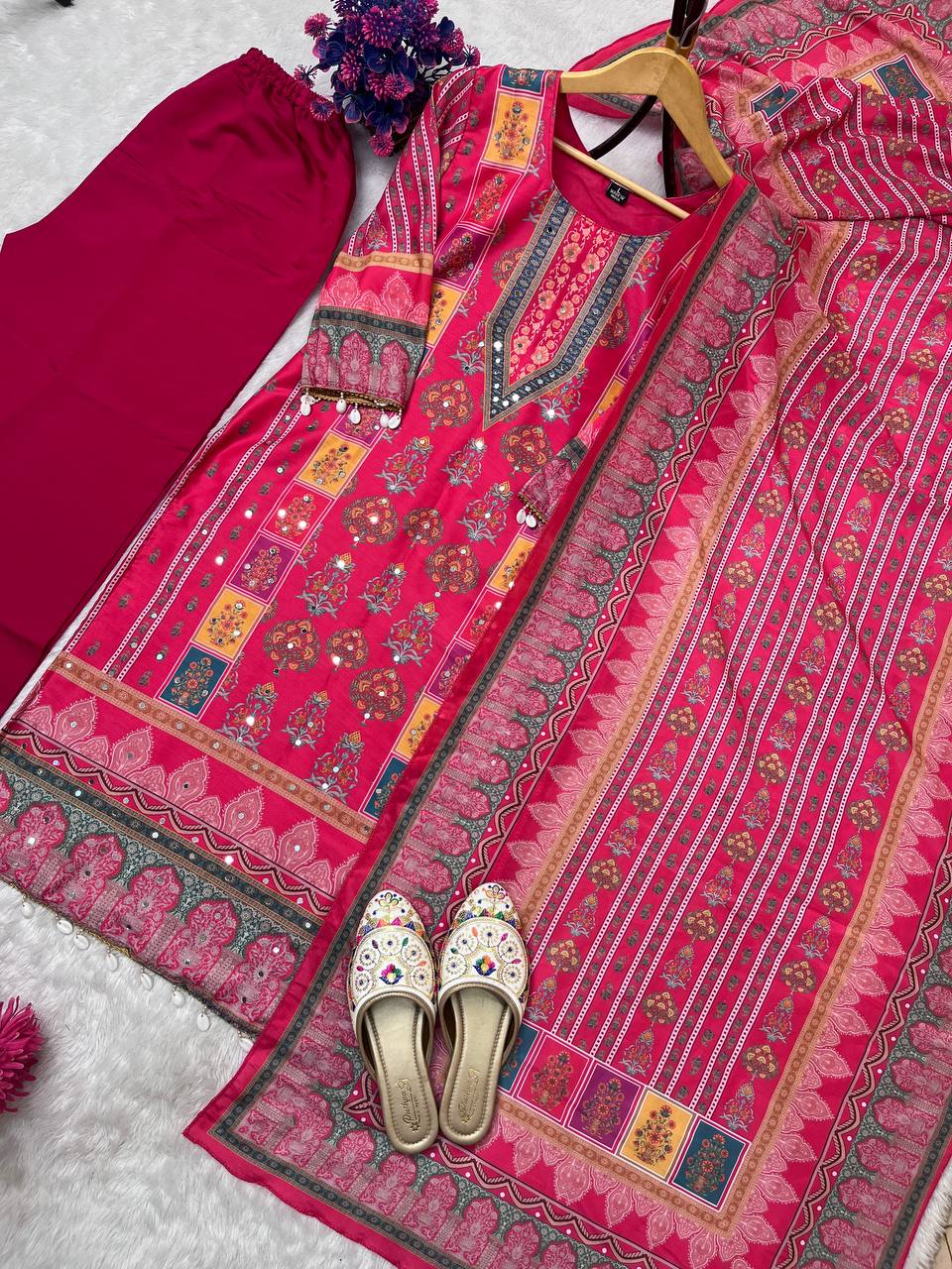 3 peice Mirror Work Suit - Redish Pink