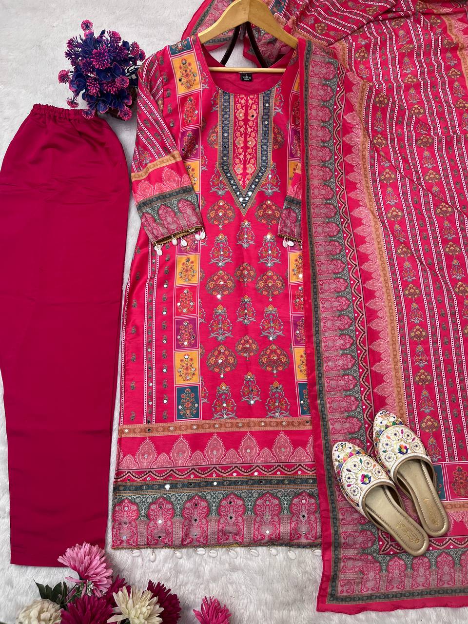 3 peice Mirror Work Suit - Redish Pink