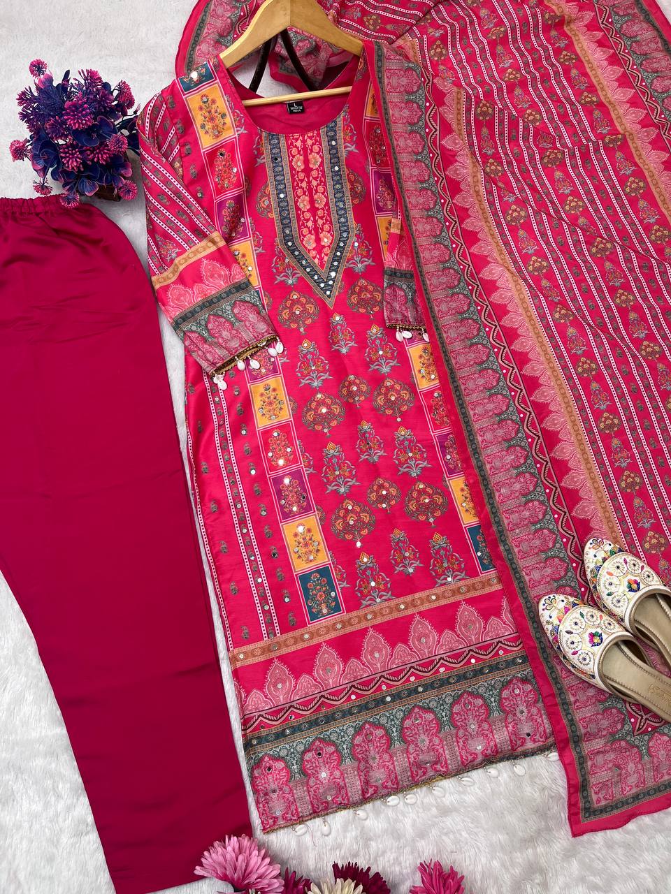 3 peice Mirror Work Suit - Redish Pink