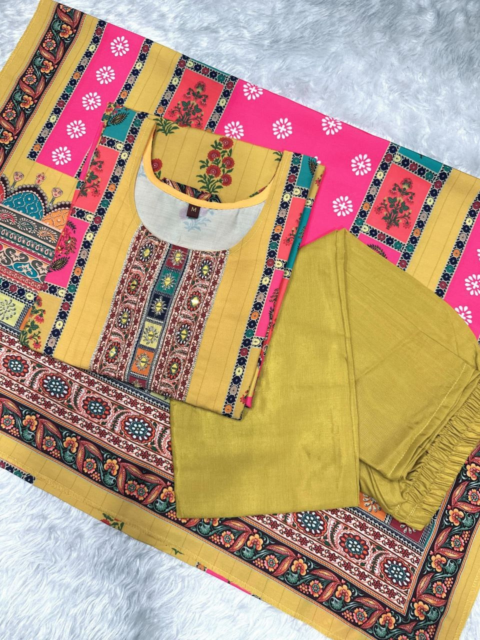 Stylish Premium Muslin Suit 3 Piece- Yellow/Hot Pink