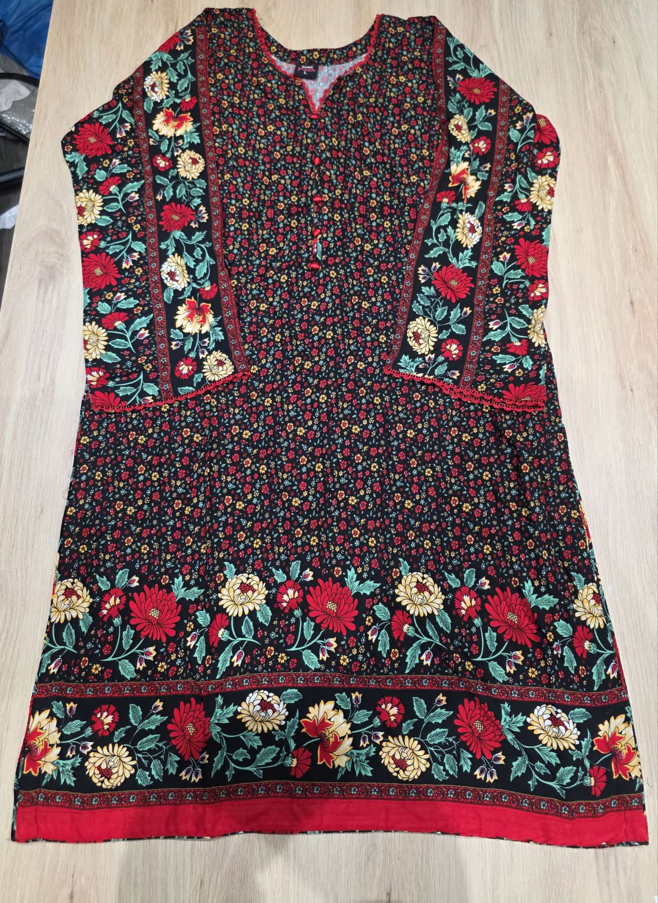 Kurta - Black and Red/Yellow flowers- Shirt Only