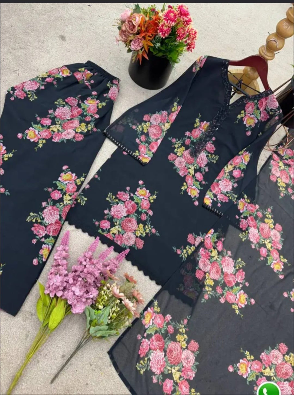 Printed Faux Georgette Farshi Suit- Black/Pink Flowers