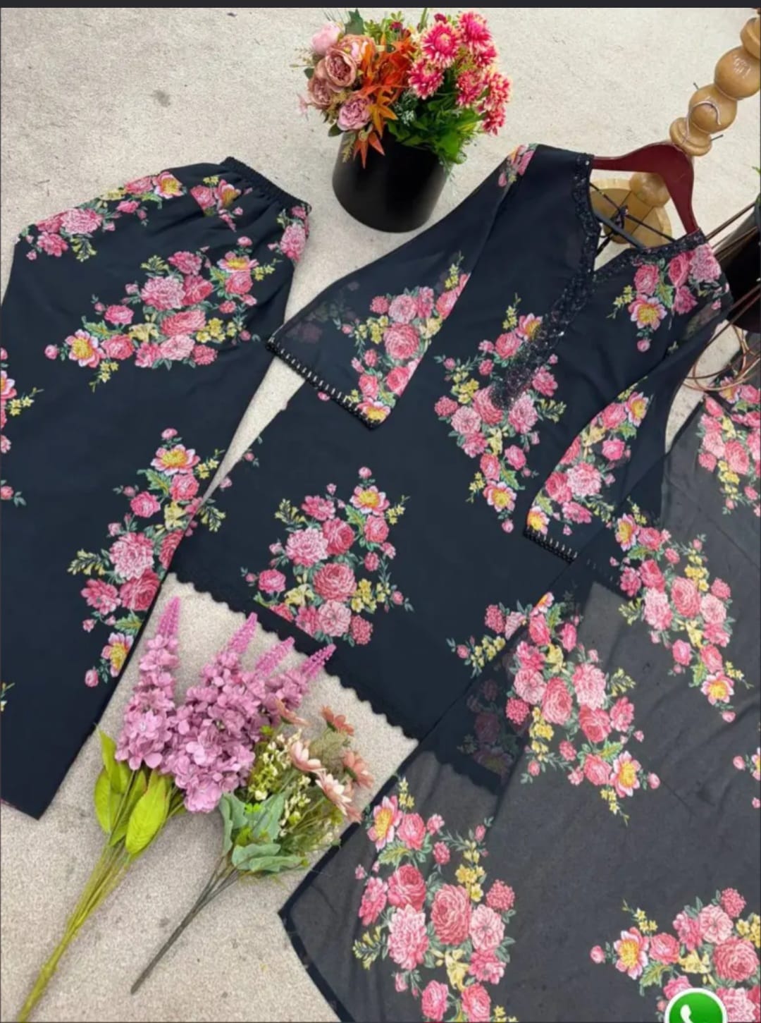 Printed Faux Georgette Farshi Suit- Black/Pink Flowers
