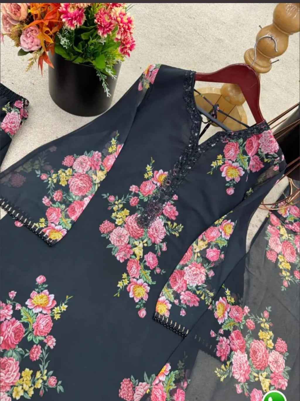 Printed Faux Georgette Farshi Suit- Black/Pink Flowers