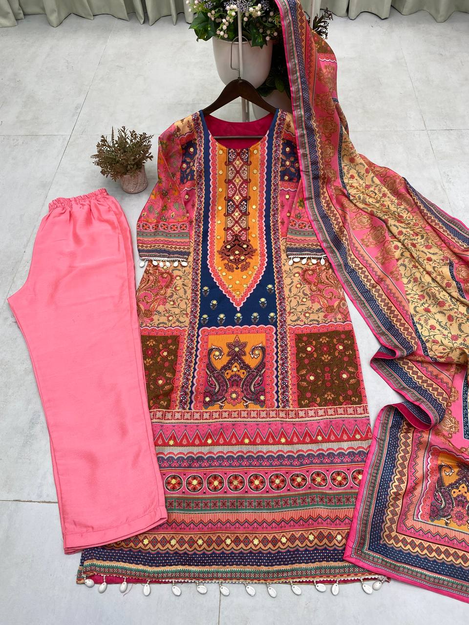 Pink and Blue Suit with Stone Mirror Work