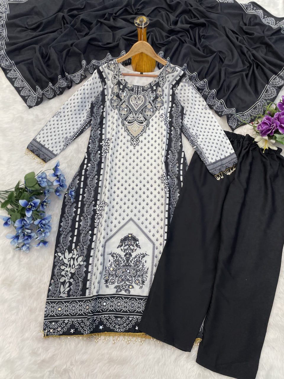 Black and White Muslin with mirror work Suit
