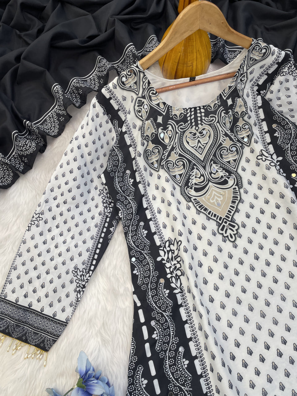 Black and White Muslin with mirror work Suit