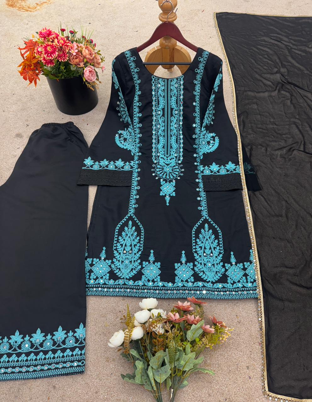 Black with Teal Embroidery and Mirror work Suit