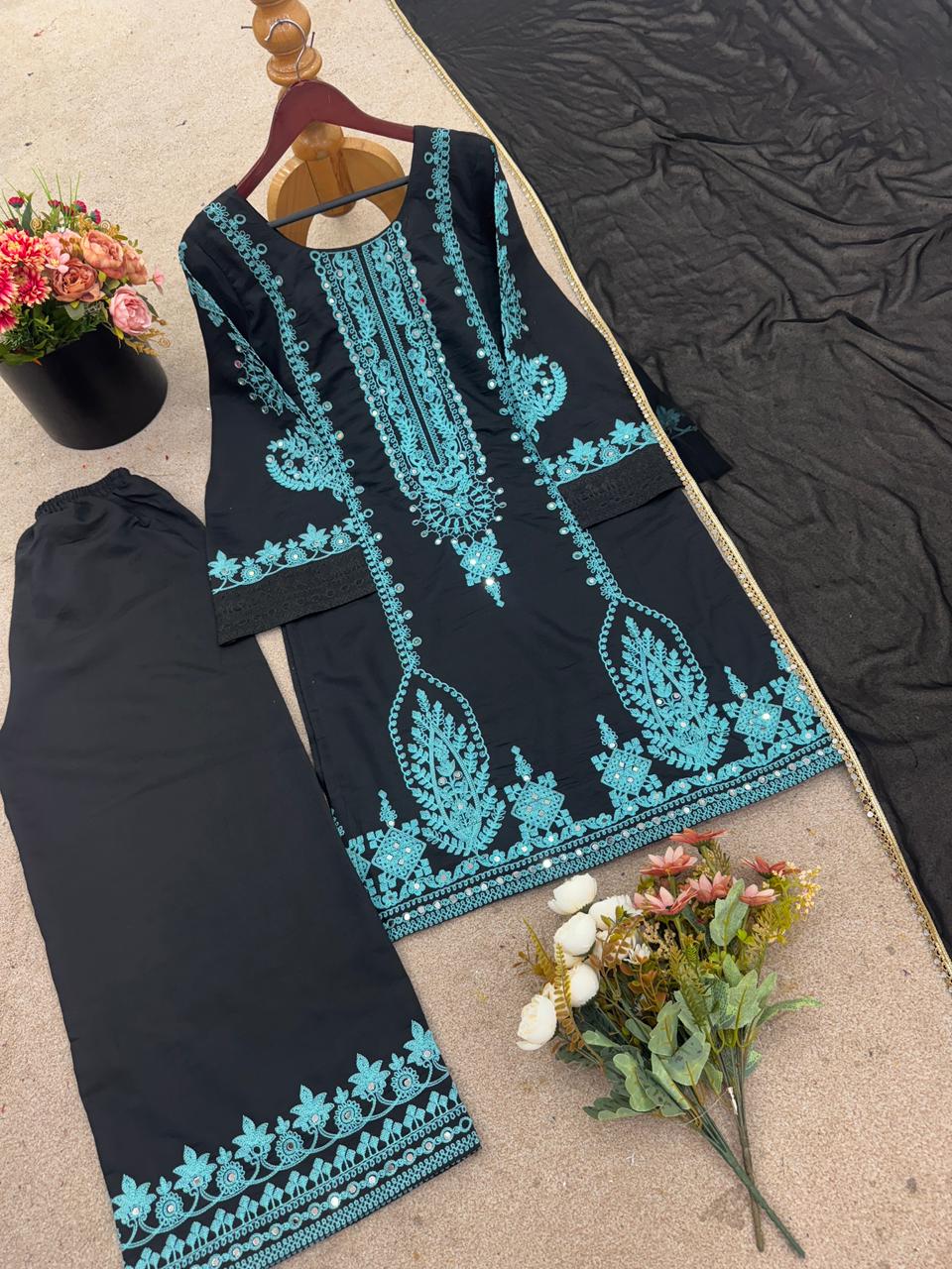 Black with Teal Embroidery and Mirror work Suit