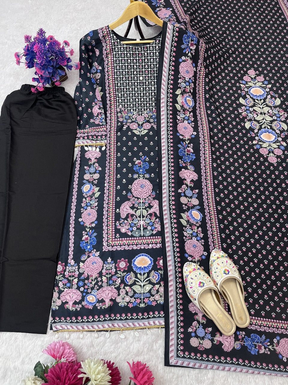 Printed Floral Work with Mirror Work Suit -Black/Purple/Blue