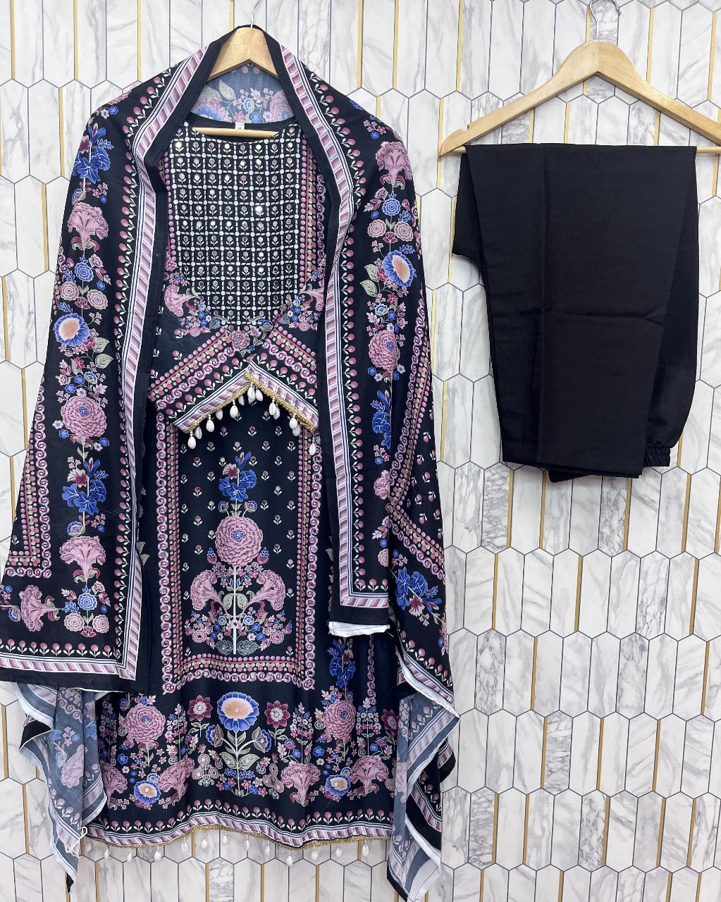 Printed Floral Work with Mirror Work Suit -Black/Purple/Blue