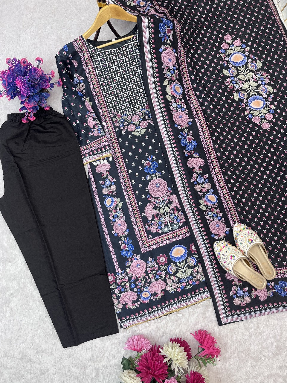 Printed Floral Work with Mirror Work Suit -Black/Purple/Blue