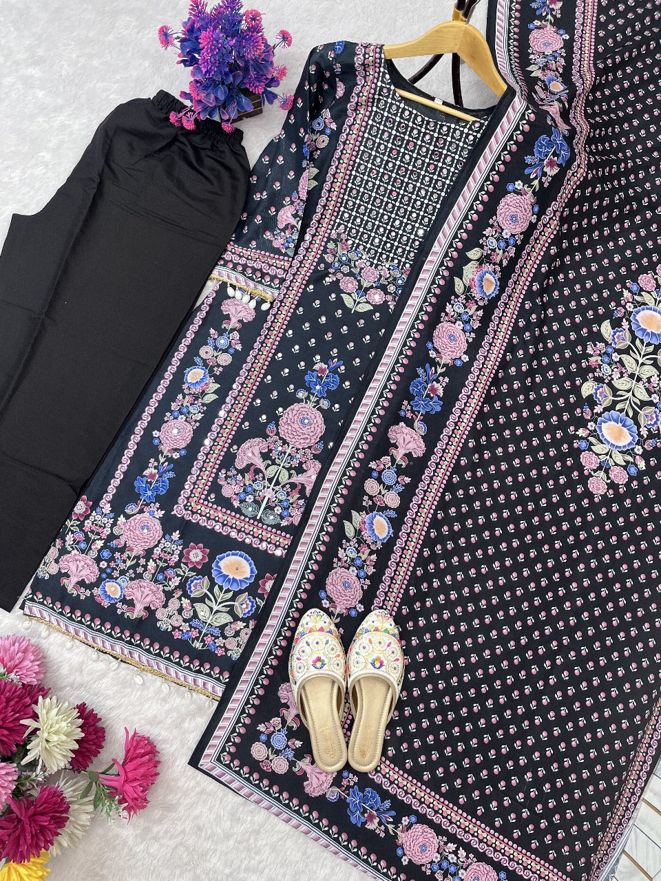 Printed Floral Work with Mirror Work Suit -Black/Purple/Blue