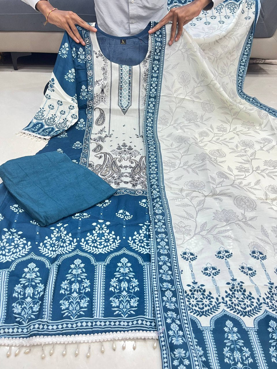 Berry Silk, Teal blue and ivory mirror suit