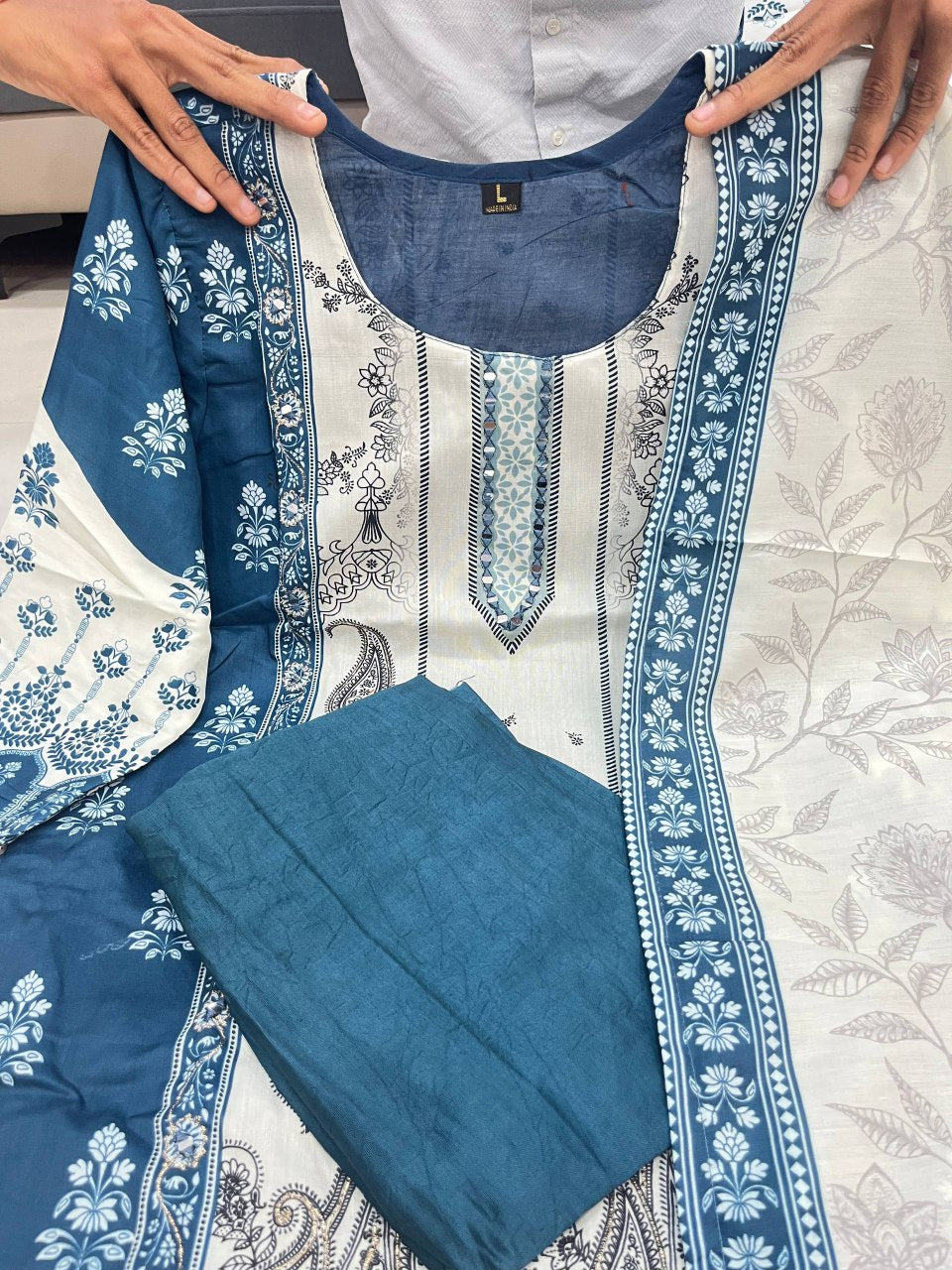 Berry Silk, Teal blue and ivory mirror suit