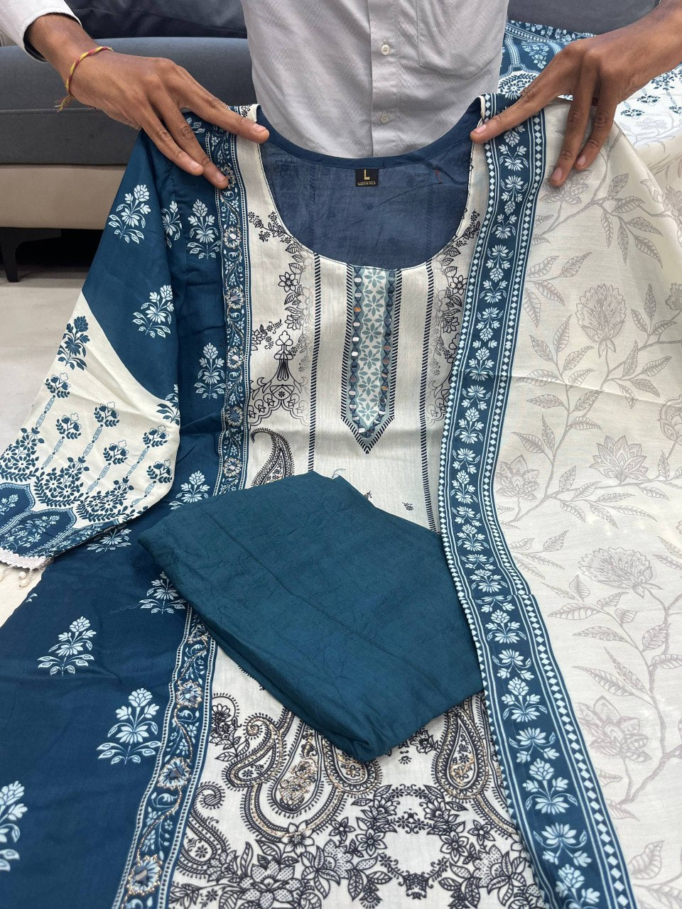 Berry Silk, Teal blue and ivory mirror suit