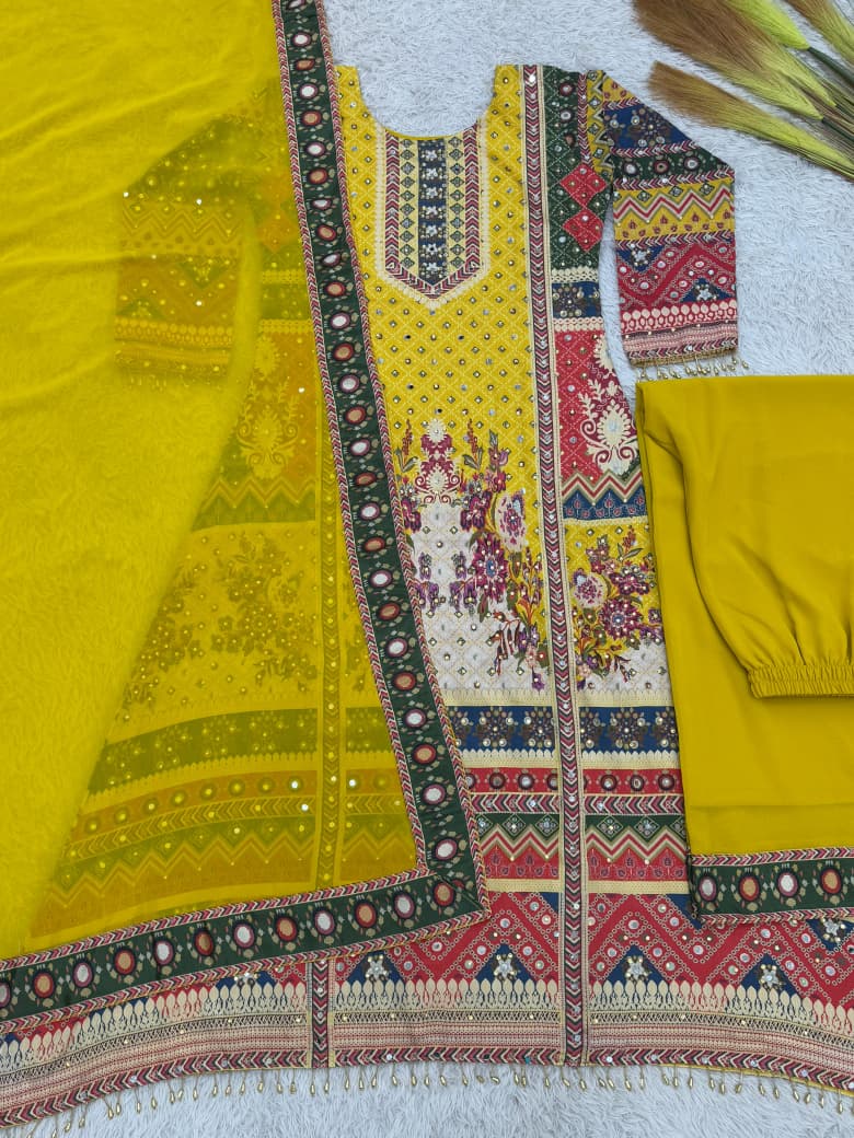 Printed A-Line Kurti with Plazzo  & Dupatta-  Yellow