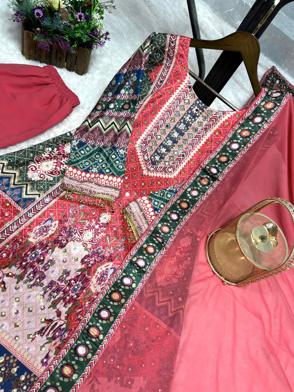 Printed A -Line Kurti with Plazzo & Dupatta - PINK