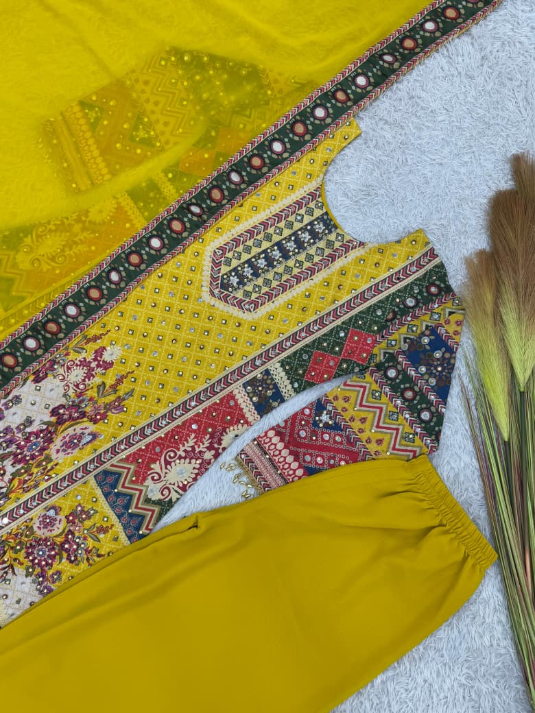 Printed A-Line Kurti with Plazzo  & Dupatta-  Yellow