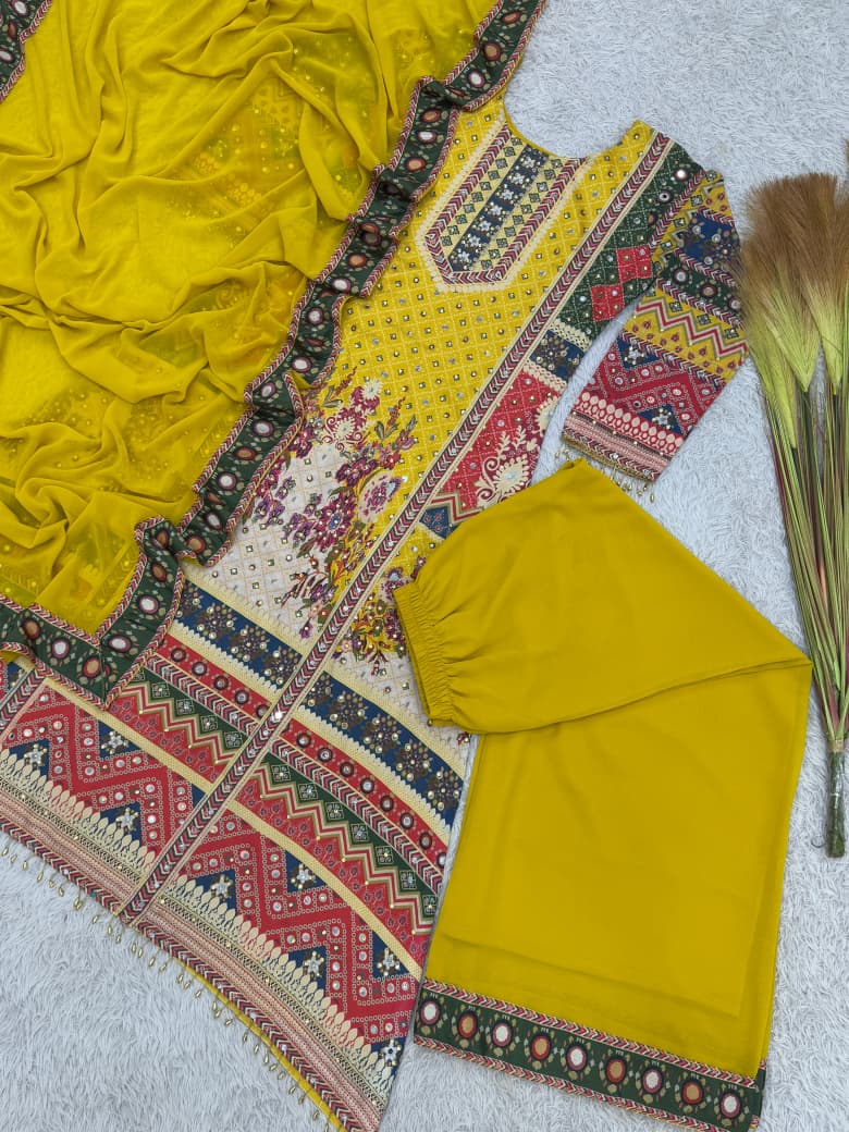 Printed A-Line Kurti with Plazzo  & Dupatta-  Yellow