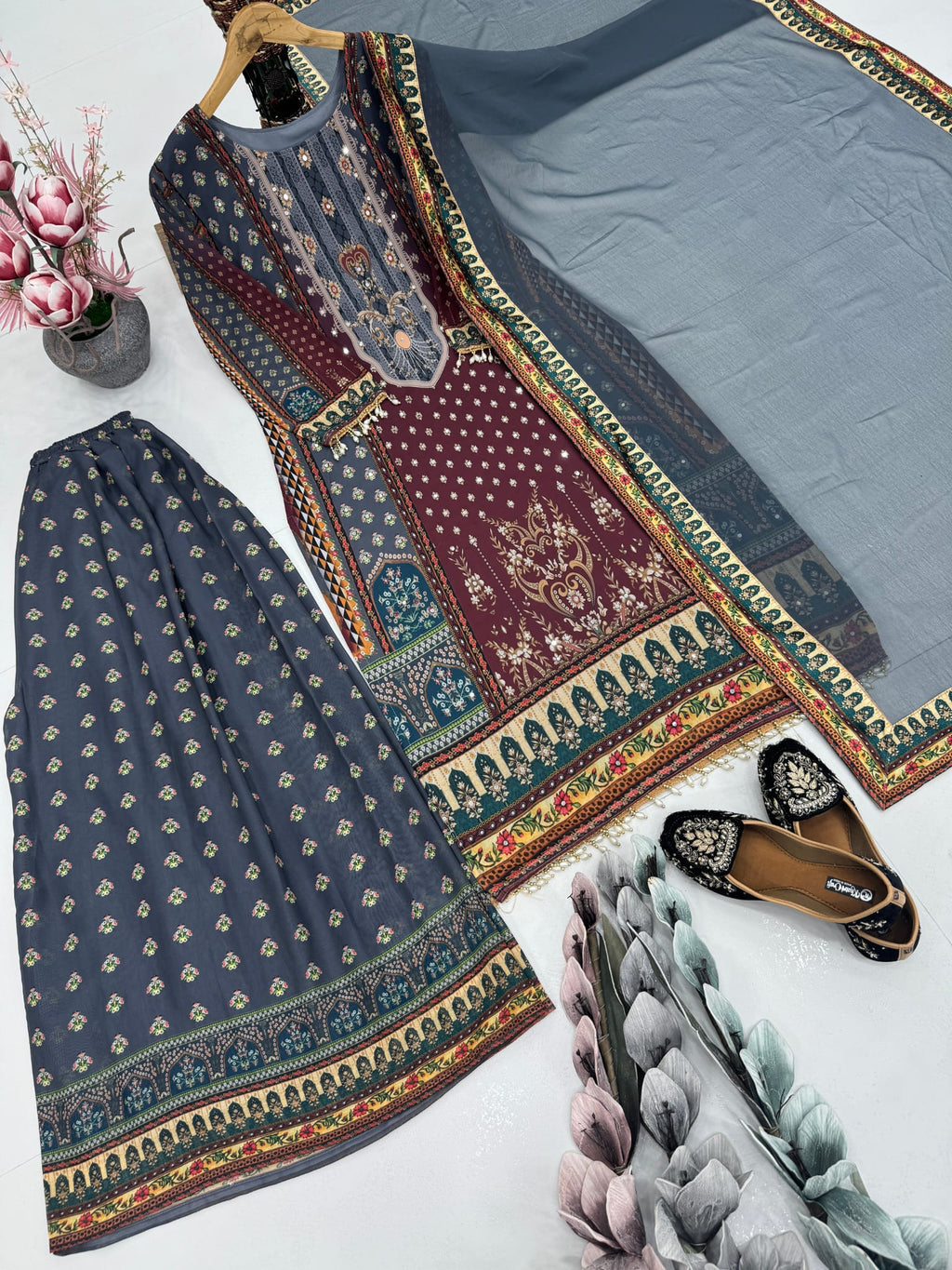 Heavy Fuax Georgette Digital Print Hand Work Salwar Suit- GREY