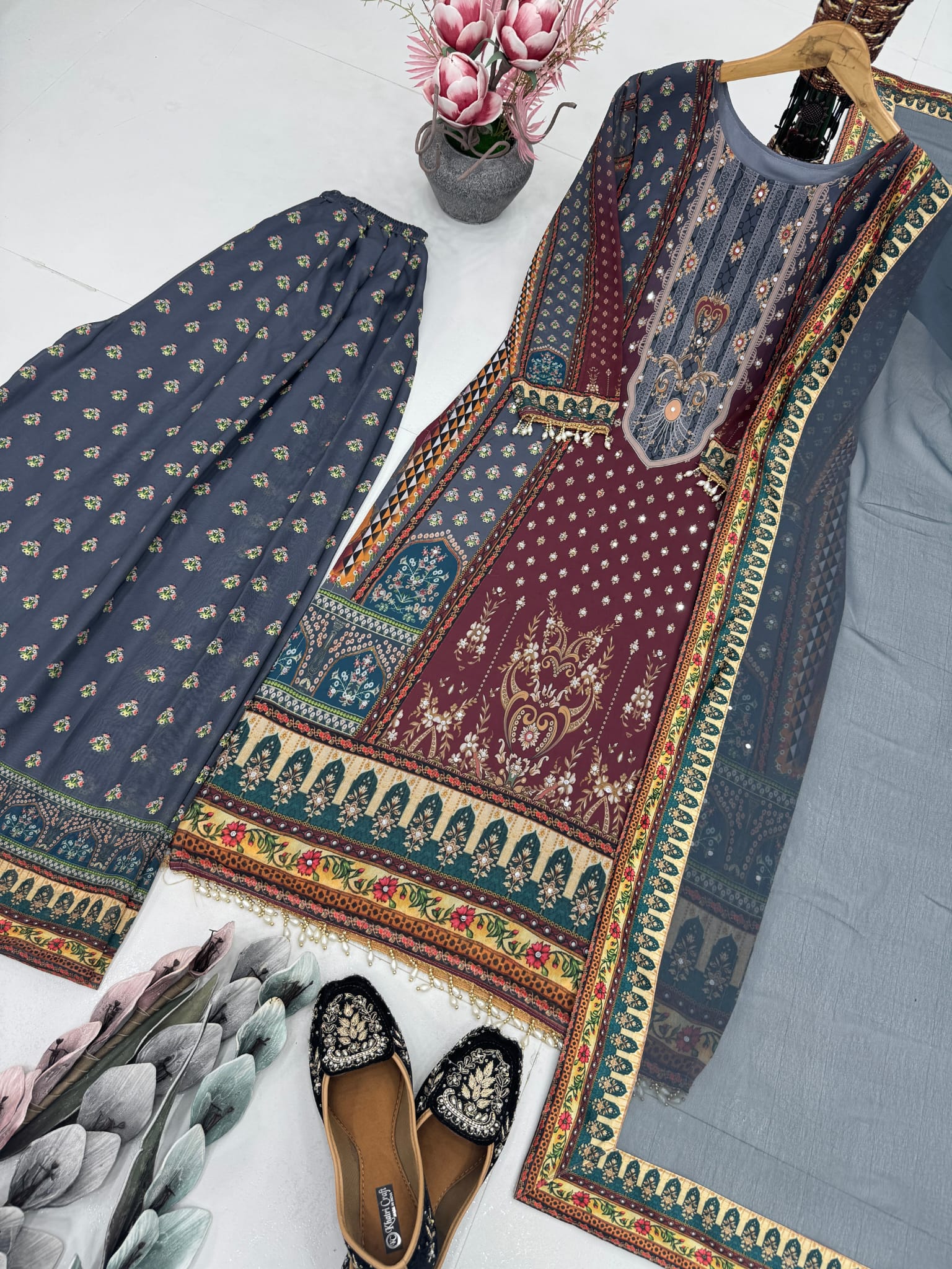 Heavy Fuax Georgette Digital Print Hand Work Salwar Suit- GREY