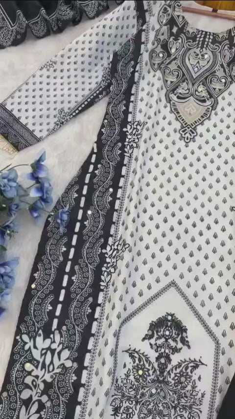Black and White Muslin with mirror work Suit